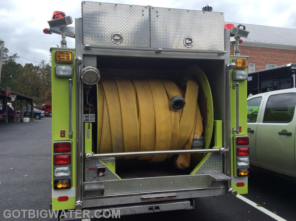 Engine 50-2 carries 2000 feet of 5-inch hose on a large reel.