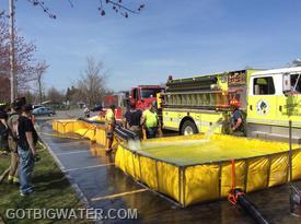 The 3-dump tank set-up supported a 1750 gpm flow using Weedsport Rescue Pumper 1 (1750 gpm) as the draft pumper.
