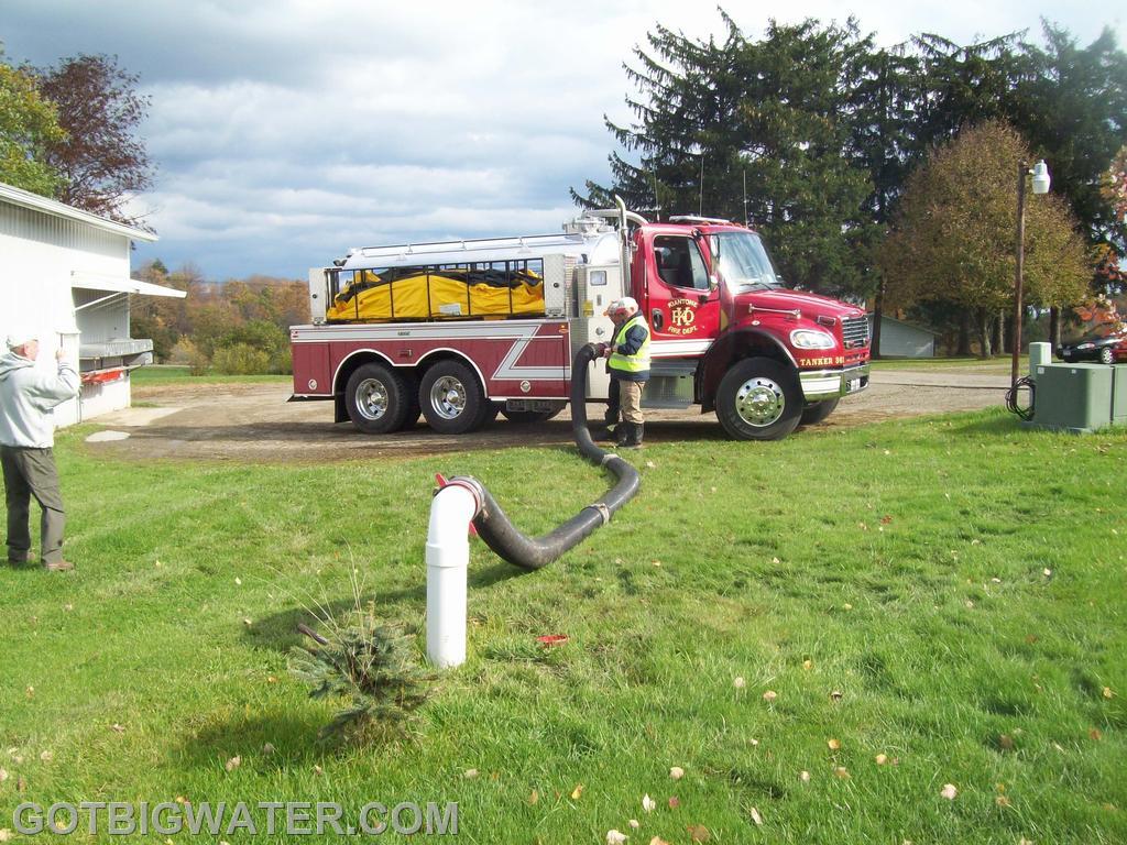 Kiantone Tanker 361 (2700 gal) loads from this 6-inch dry fire hydrant at a local farm.