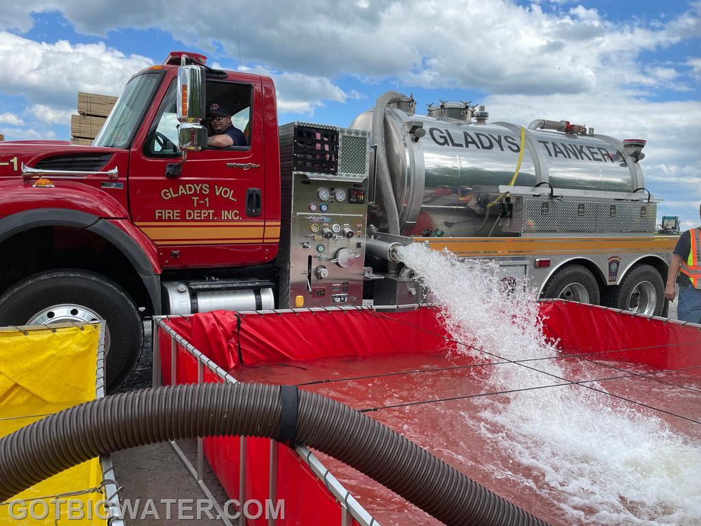 Gladys VFD Tanker 1 (2500 gal) was one of 6 tankers hauling water during the 2-hour drill.  Two fill sites (3-mile RT and 4-mile RT) were used to support the sustained 500 gpm flow.