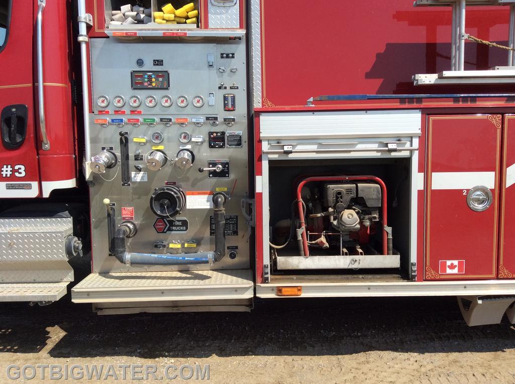 The portable fire pump (more stationary than portable) is located in the compartment next to the main fire pump's pump panel. The portable pump takes suction (gravity) from the rig's 3000-gal water tank.