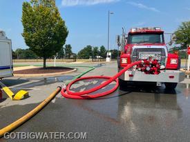Yorkana Tanker 38 pumps the siamese during the early moments of the drill.