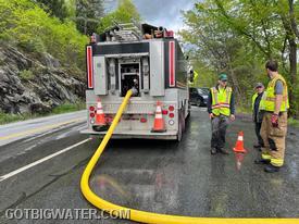 With the right adaptor, crews were able to load this older, 3,000-gallon taken using the 6-inch dump connection and not the 2-1/2" fill valve.  All that was needed as a 6-inch cam lock to Storz fitting...they found one...and loaded much faster.